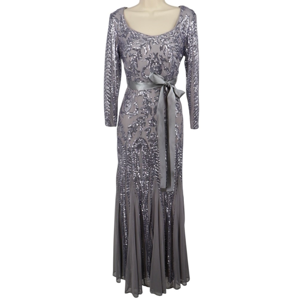 R&M Richards 5623 Silver Sequin Mesh Gown Satin Sash Long Sleeve Dress NWT‎ 6